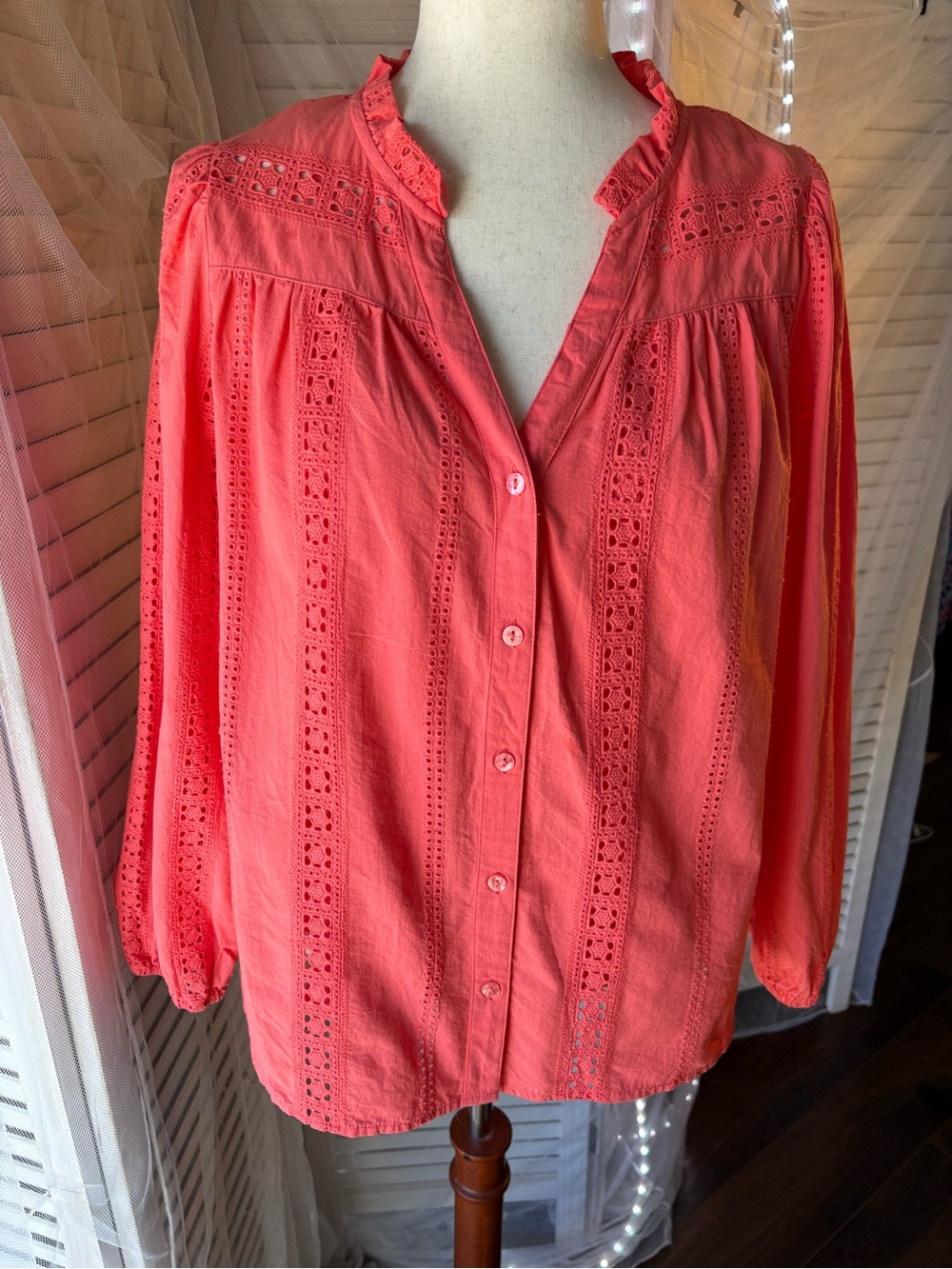 Time and Tru Coral Eyelet Button-Down Blouse